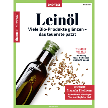 Flasche Leinöl mit grünem Verschluss, umgeben von Leinsamen, auf weißem Hintergrund, Titel 'Leinöl' und Text zu Bio-Produkten.