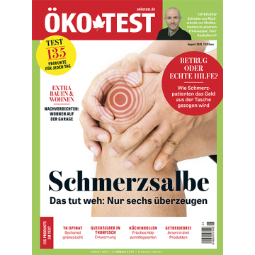 ÖKO-TEST Magazin August 2025 mit Titelthema Schmerzsalbe und der Überschrift 'Das tut weh: Nur sechs überzeugen'