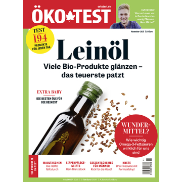 Flasche Leinöl mit grünem Verschluss, umgeben von Leinsamen, auf weißem Hintergrund, Titel 'Leinöl' und Text zu Bio-Produkten und Omega-3-Fettsäuren.