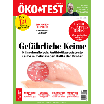 Titelseite der Zeitschrift ÖKO-TEST mit dem Titel 'Gefährliche Keime' und einem rohen Hähnchenbrustfilet mit einer Petrischale darauf.