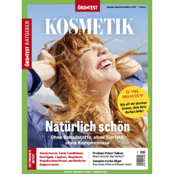 Cover des ÖKO-TEST Ratgebers Kosmetik mit lachender Frau, Thema natürliche Schönheit ohne Schadstoffe und Tierleid