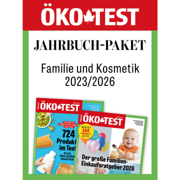Zwei Ausgaben der Zeitschrift ÖKO-TEST mit Titeln zu Familie und Kosmetik, darunter '724 Produkte im Test' und 'Der große Familien-Einkaufsratgeber 2026