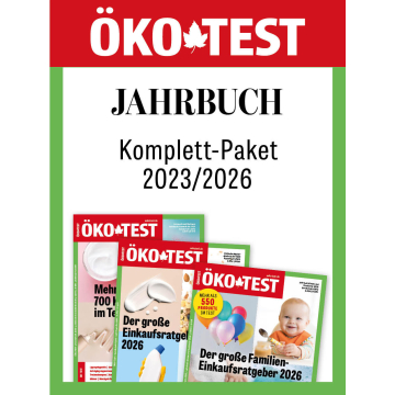 Drei Ausgaben des ÖKO-TEST Jahrbuchs Komplett-Paket 2023/2026 mit Titeln zu Einkaufsratgebern und Produkttests, darunter ein Baby mit Schnuller