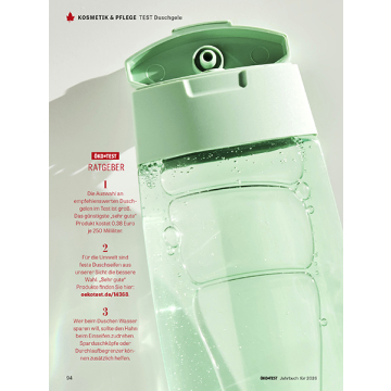 Geöffnete, transparente Duschgel-Flasche mit grünem Klappdeckel und sichtbaren Luftblasen im Gel, daneben roter Text mit Tipps zu Duschgelen.