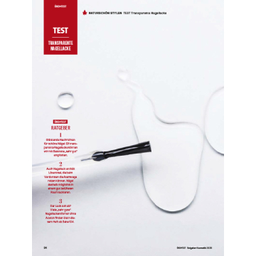Testbericht über transparente Nagellacke mit einer Abbildung von Nagellack und Tropfen auf weißem Hintergrund.
