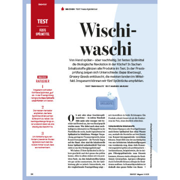Testbericht über feste Spülmittel mit dem Titel 'Wischi-waschi'. Enthält Informationen zu Inhaltsstoffen und Produkttests.