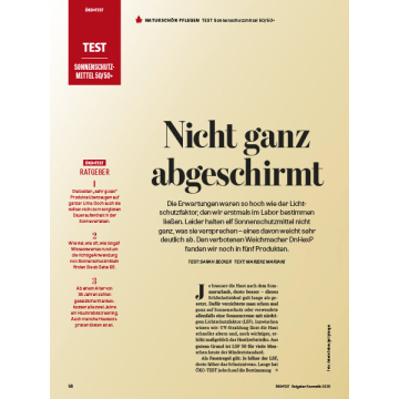 Titel 'Nicht ganz abgeschirmt' über Sonnencreme-Test mit Lichtschutzfaktor 50/50+. Text erklärt, dass Erwartungen an Sonnenschutzmittel oft nicht erfüllt werden.