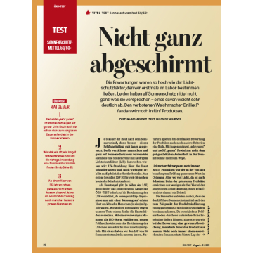 Titel 'Nicht ganz abgeschirmt' über Sonnencreme-Test mit Lichtschutzfaktor 50/50+. Text erklärt, dass Erwartungen an Sonnenschutzmittel oft nicht erfüllt werden.