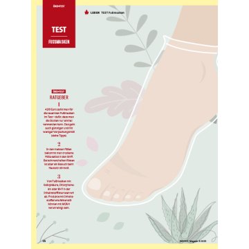 Illustration eines Fußes mit Pflanzenmotiven, daneben ein Ratgebertext zu Fußmasken mit drei Tipps zur Anwendung und Vorsicht