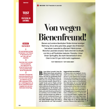 Titel 'Von wegen Bienenfreund!' mit Text über die Belastung von Lavendel durch Pestizide und deren Auswirkungen auf Bienen und Bestäuber