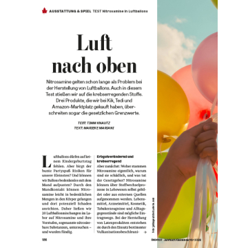 Titel 'Luft nach oben' mit Text über Nitrosamine in Luftballons und deren Gesundheitsrisiken, auf hellblauem Hintergrund mit gelbem Ballon