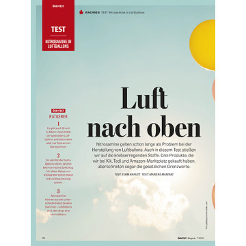Titel 'Luft nach oben' mit Text über Nitrosamine in Luftballons und deren Gesundheitsrisiken, auf hellblauem Hintergrund mit gelbem Ballon