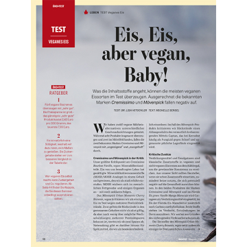 Zeitschriftenseite mit Überschrift 'Eis, Eis, aber vegan, Baby!' und Text über vegane Eissorten, inklusive Test von Cremissimo und Mövenpick.