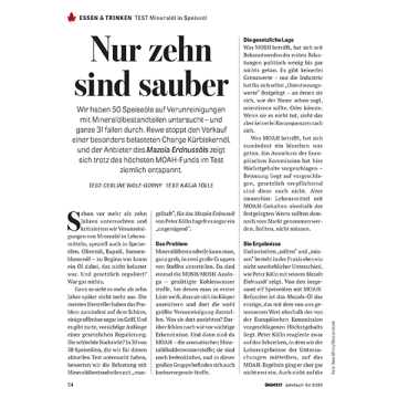 Artikelüberschrift 'Nur zehn sind sauber' über Mineralölverunreinigungen in Speiseöl, mit Testergebnissen von 50 Speiseölen und Hinweisen zu Rewe und Mazola Erdnussöl.