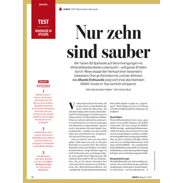 Artikelüberschrift 'Nur zehn sind sauber' über Mineralölverunreinigungen in Speiseöl, mit Testergebnissen von 50 Speiseölen und Hinweisen zu Rewe und Mazola Erdnussöl.