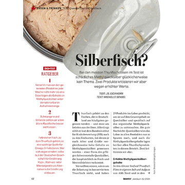 Titel 'Silberfisch?' mit Text über Quecksilberbelastung in Thunfisch und Testergebnisse von Öko-Test