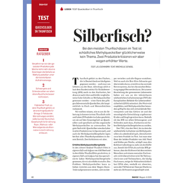Titel 'Silberfisch?' mit Text über Quecksilberbelastung in Thunfisch und Testergebnisse von Öko-Test