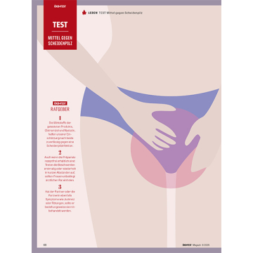 Illustration einer Frau in blauer Unterwäsche, die mit einer Hand ihren Unterleib berührt, begleitet von Texten zu Mitteln gegen Scheidenpilz und Ratgeberhinweisen