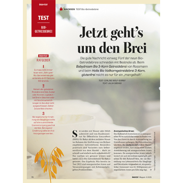 Testbericht zu fünf Bio-Getreidebreien, darunter Babybrei und Vollkorngetreidebrei, bewertet auf Schadstoffe und Nährstoffe