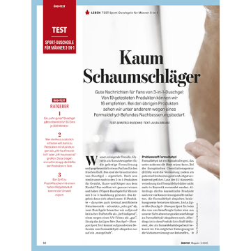 Zeitschriftenseite mit Testbericht zu Sport-Duschgelen für Männer 3-in-1, Überschrift 'Kaum Schaumschläger', Text über Testergebnisse von 19 Produkten