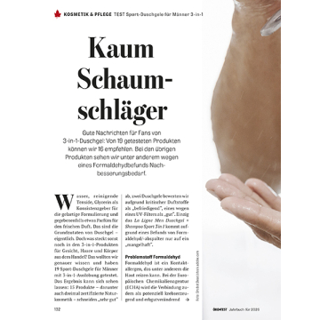 Zeitschriftenseite mit Testbericht zu Sport-Duschgelen für Männer 3-in-1, Überschrift 'Kaum Schaumschläger', Text über Testergebnisse von 19 Produkten
