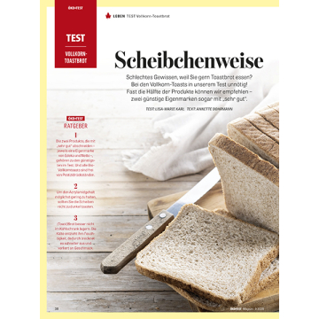 Mehrere Scheiben Vollkorn-Toastbrot auf einem Holzbrett mit Messer, daneben Text über Vollkorn-Toastbrot und Testergebnisse von ÖKO-TEST.