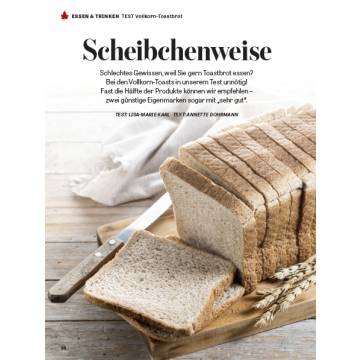 Mehrere Scheiben Vollkorn-Toastbrot auf einem Holzbrett mit Messer, daneben Text über Vollkorn-Toastbrot und Testergebnisse von ÖKO-TEST.