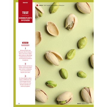 Geöffnete und geschlossene Pistazien auf grünem Untergrund, links rotes Textfeld mit Überschrift 'TEST Schimmelpilzgifte in Pistazien' und Ratgebertext in deutscher Sprache.