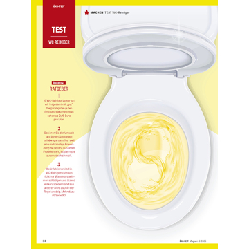 Geöffnete weiße Toilettenschüssel mit gelblichem WC-Reiniger im Wasser, daneben Text mit Tipps zur Dosierung und Bewertung von WC-Reinigern