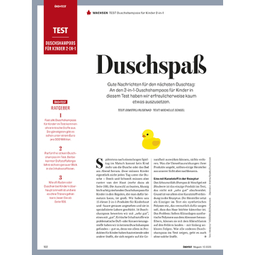 Zeitschriftenseite mit Testbericht zu Duschshampoos für Kinder 2-in1, Überschrift 'Gute Produkte gibt es schon für wenig Geld', Text über Testergebnisse von15 Marken