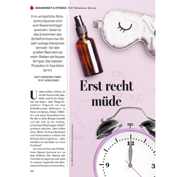 Zeitschriftenseite mit Überschrift 'Erst recht müde', Text über Melatonin-Sprays und deren Nutzen und Risiken, daneben ein braunes Sprayfläschchen mit schwarzem Sprühkopf inklusive ÖKO-TEST Logo