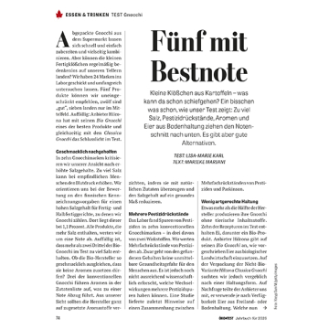 Textseite mit Überschrift 'Fünf mit Bestnote' und Artikel über Gnocchi aus Kartoffeln, inklusive kurzer Einleitung und Testhinweisen. Hintergrund ein Teller mit Gnocchi