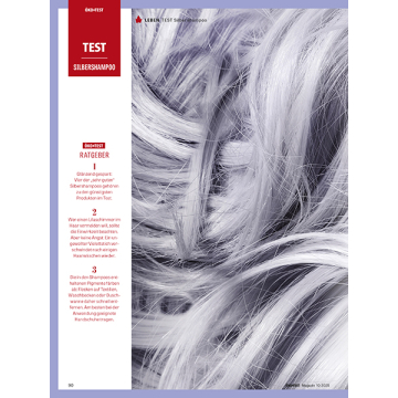 Nahaufnahme von gewelltem, silberfarbenem Haar mit Textspalte links zum Thema Silbershampoo und Anwendungshinweisen.