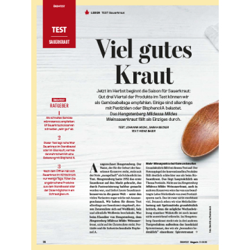 Titelseite eines Testberichts über Sauerkraut mit Überschrift 'Viel gutes Kraut' und Text zu Qualität und Belastung von Sauerkrautprodukten, daneben ein Holzlöffel auf hellem Holzuntergrund