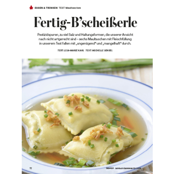 Titel 'Fertig-B'scheißerle' über einem Teller mit gefüllten Maultaschen in Brühe, garniert mit Schnittlauch und Röstzwiebeln