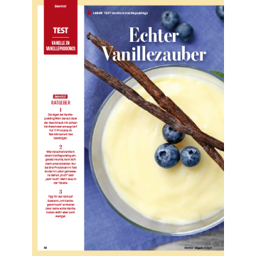 Vanillepudding in Glasschale mit zwei Vanilleschoten und drei Blaubeeren auf blauem Untergrund, daneben Text zu Vanille im Vanillepudding-Test.
