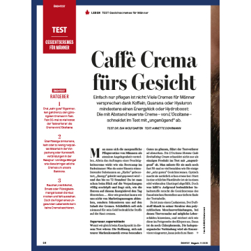 Titelseite eines Testberichts über Gesichtspflegecremes für Männer mit rotem Test-Logo und Überschrift 'Caffè Crema fürs Gesicht' in großer Schrift.