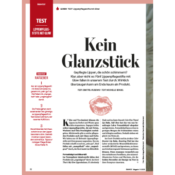 Titelseite eines Öko-Test Tests- mit dem Titel 'Kein Glanzstück' und Texten zu Lippenpflegestiften mit Glow.