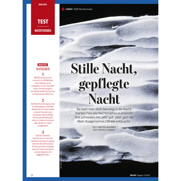 Nahaufnahme einer weißen Creme mit glatter, welliger Oberfläche, daneben Text 'Stille Nacht, gepflegte Nacht'