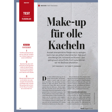 Seite aus einem Magazin mit der Überschrift 'Make-up für olle Kacheln' und Text über Fliesenlack als Alternative zum Fliesenverlegen