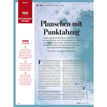 Zeitschriftenseite mit Testbericht zu bunten Schaumbädern für Kinder, Überschrift 'Planschen mit Punktabzug', Textspalten und Öko-Test-Logo