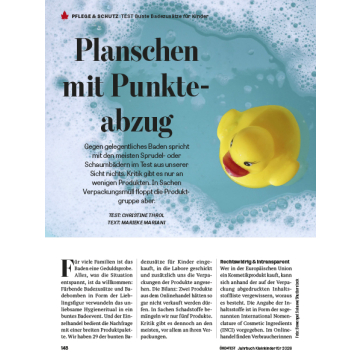 Zeitschriftenseite mit Testbericht zu bunten Schaumbädern für Kinder, Überschrift 'Planschen mit Punktabzug', Textspalten und Öko-Test-Logo