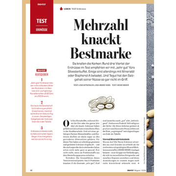 Zeitschriftenseite mit Überschrift zum Erdnuss-Test, Textspalten und Infokasten mit Testergebnissen und Empfehlungen.