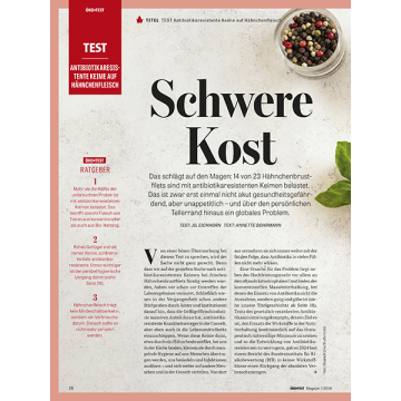 Überschrift 'Schwere Kost' mit Text über antibiotikaresistente Keime auf Hähnchenfleisch, daneben Pfefferkörner in einer Schale und ein grünes Blatt.
