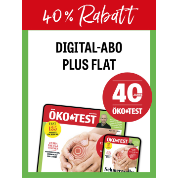 Digital-Abo Plus Flat von ÖKO-TEST mit 40 Prozent Rabatt und Jubiläum '40 Jahre ÖKO-TEST', zeigt Smartphone und Tablet mit Magazincovern